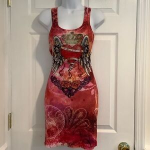 MISS PINKY Y2K Vintage Tie Dye Bejeweled Graphic Distressed Ribbed Tank Dress S